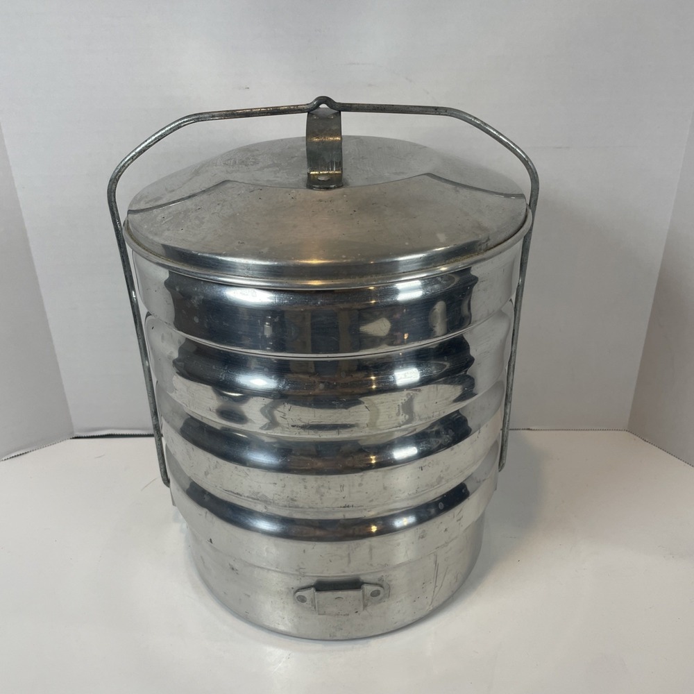 Buckeye Aluminum Lunch Pail Silver Picnic Carrier Vintage 5-Tier Stack